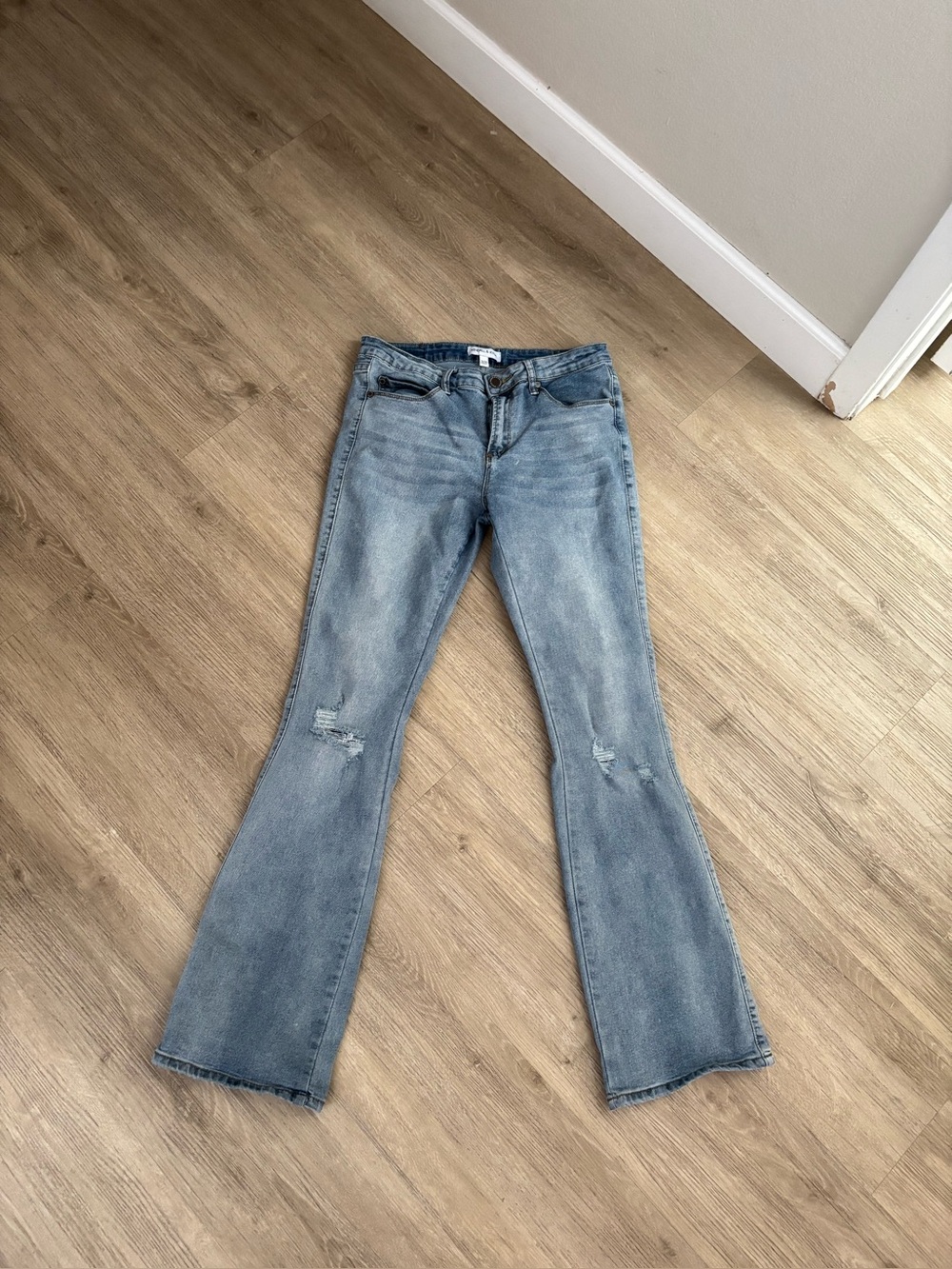 Kendall & Kylie Light Blue Flare Jeans with Knee Distress